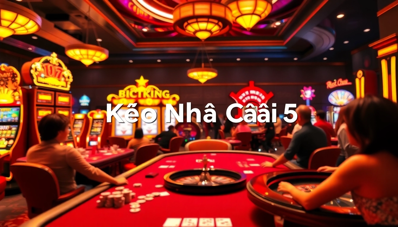 Experience Kèo Nhà Cái 5 in a vibrant casino scene with poker players, sparkling slot machines, and a dynamic roulette wheel.