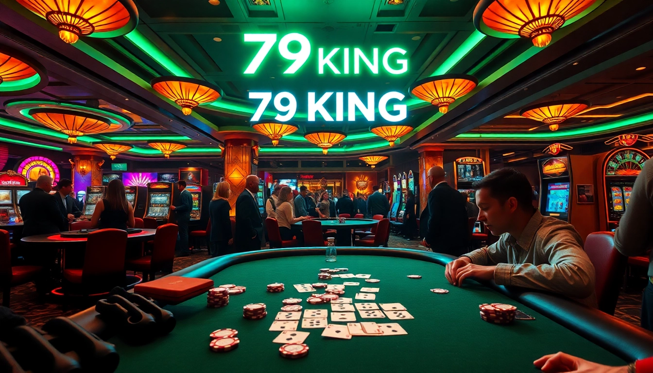 79KING player focused on high-stakes poker with vibrant chips and cards at a glamorous casino.