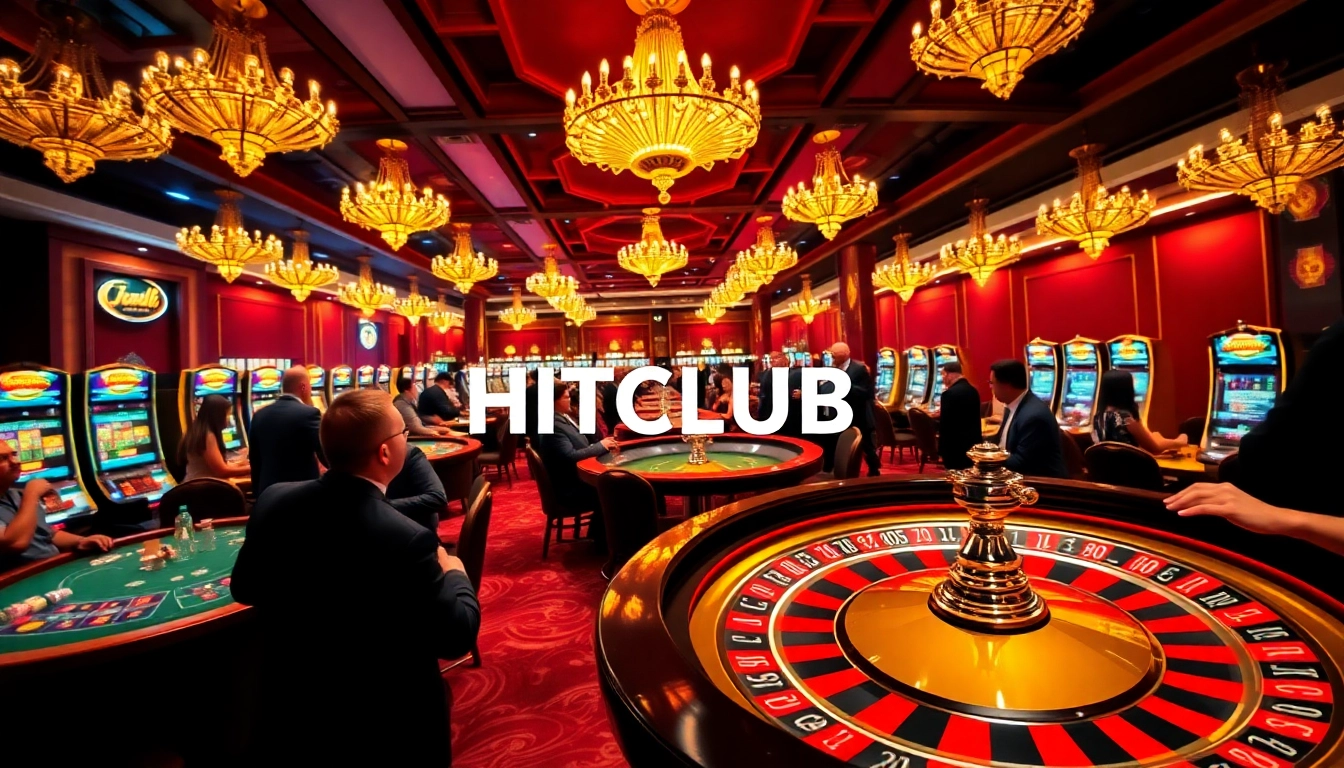 Exciting gambling scene at HITCLUB casino, showcasing roulette wheel and poker tables.