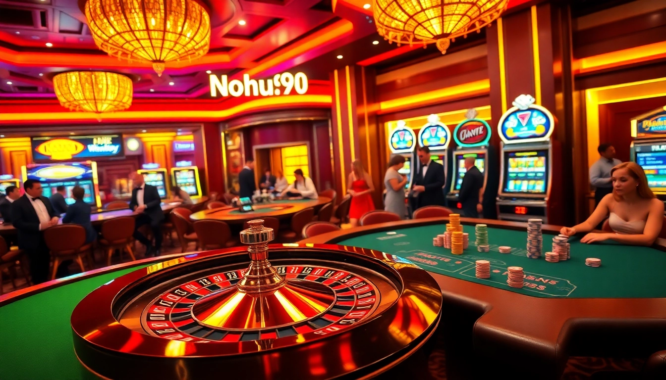 Nohu90 casino roulette and poker table setting showcasing vibrant games.