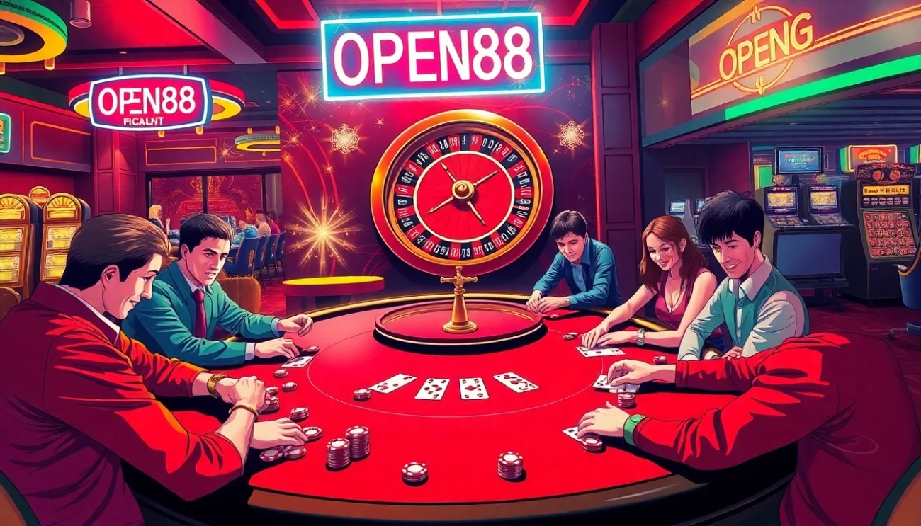 OPEN88 showcases an immersive casino scene with intense poker play, vibrant chips, and a spinning roulette wheel.